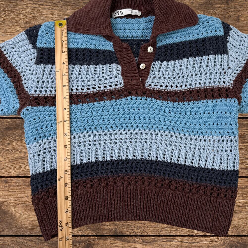 Zara Cropped Striped Crochet Knit Polo Shirt Short Sleeve Blue Brown Y2K Large - Picture 7 of 8